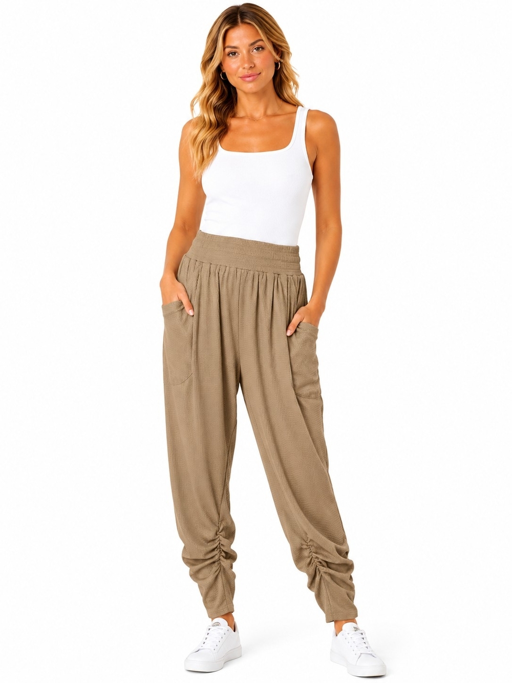 CUPSHE Taupe Smocked Waist Harem Track Pants - Size Medium NWOT